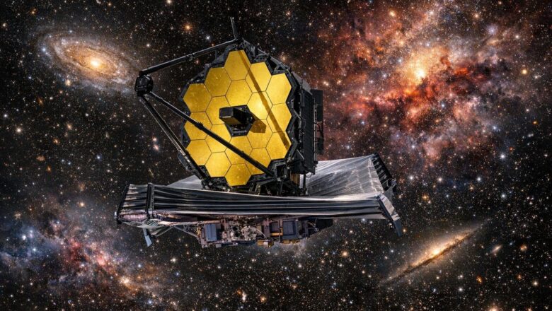 Artistic rendering of the James Webb Space Telescope with galaxies in background
